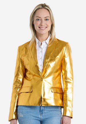 Metallic gold blazer with a fitted design, notch lapels, two front pockets, and a single button closure, worn over a white shirt.