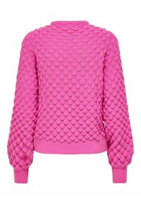 Pull rose vif avec motif texturé rappelant des écailles, manches longues bouffantes, et finitions côtelées aux poignets et à l'ourlet, vu de dos.