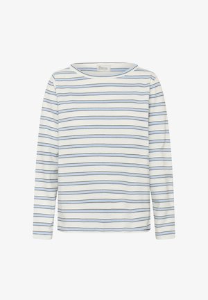 Majica z dolgimi rokavi in okroglim izrezom, bela z ozkimi vodoravnimi črtami v svetlo modri in črni barvi.