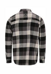 Zwart en grijs geruite blouse met lange mouwen en een button-down kraag, met een logo op de achterkant en verstelbare manchetten. Zachte stoftextuur.