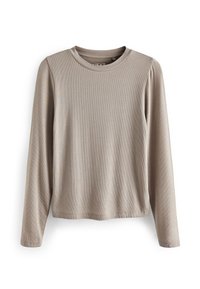 Beige Langarmoberteil aus geripptem Stoff. Es verfügt über einen Rundhalsausschnitt und einen lockeren Schnitt, mit dezenten Seitendetails an den Schultern.