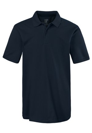 Marineblauw polo shirt met korte mouwen, gemaakt van een gladde stof. Het beschikt over een klassieke kraag, een placket met drie knopen en een geborduurd logo-detail.