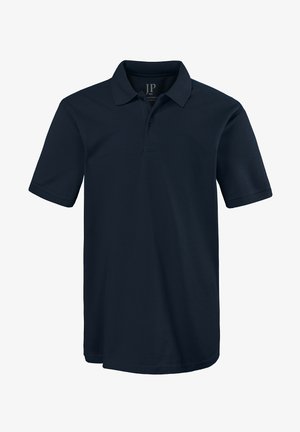 Dunkelblaues kurzärmeliges Poloshirt aus glattem Stoff, mit klassischem Kragen, Drei-Knopf-Leiste und gesticktem Logodetail.
