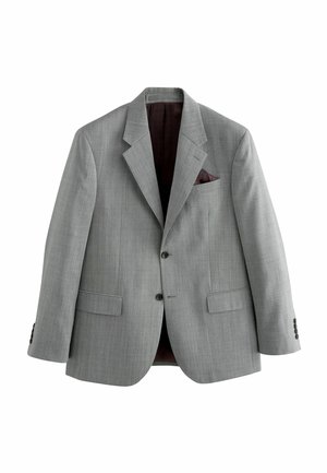 Chaqueta de traje gris con un sutil patrón texturizado, solapas con muesca, dos bolsillos frontales y un pañuelo de bolsillo burdeos. Interior forrado.