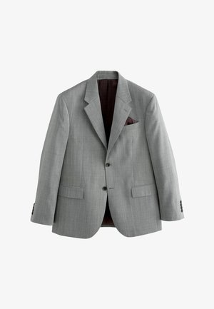 Grå kavaj med en subtil texturerad mönstring, slagkrage, två framfickor och en vinröd ficknäsduke. Fodrad insida.