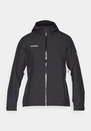 Black waterproof Mammut jacket with a zip front, adjustable hood, zippered side pockets, and logo detail on the chest and sleeve.