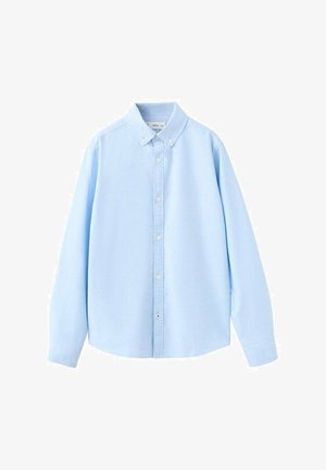 Chemise bleu clair boutonnée avec col pointu, manches longues et ourlet droit. Fabriquée en tissu lisse avec une coupe régulière.