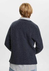 Dunkelblau gestrickter Pullover mit strukturiertem Rippenbund, klassischer Schnitt und Rundhalsausschnitt, getragen über einem gestreiften Hemd.