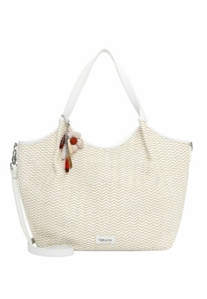 Borsa con motivo ondulato bianco e beige, dotata di due manici, tracolla removibile e ciondolo decorativo a forma di fiore con perline.