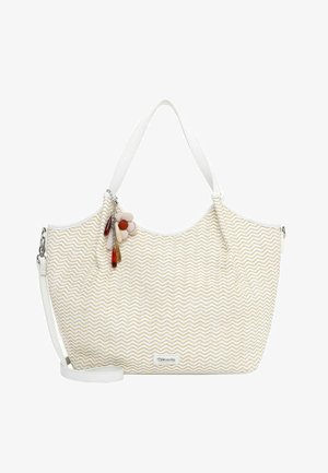 Borsa con motivo ondulato bianco e beige, dotata di due manici, tracolla removibile e ciondolo decorativo a forma di fiore con perline.