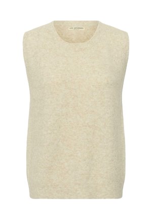 Kreminės spalvos be rankovių megztinis su apvaliu iškirpimu, minkšta tekstūra ir šiek tiek laisvesniu siluetu. Nėra matomų raštų ar akcentų.