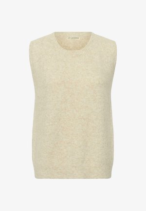 Cremefarbenes ärmelloses Stricktop mit rundem Ausschnitt, weicher Textur und leicht lockerer Passform. Keine sichtbaren Muster oder Akzente.