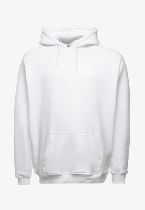 Bílá mikina s kapucí vyrobená z měkké tkaniny, se přední kapsou, žebrovanými manžetami a šňůrkou v kapuci.