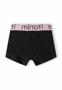 Fekete boxer alsónadrág széles rózsaszín derékkal, amelyen fekete betűkkel a "minoti" szó olvasható.