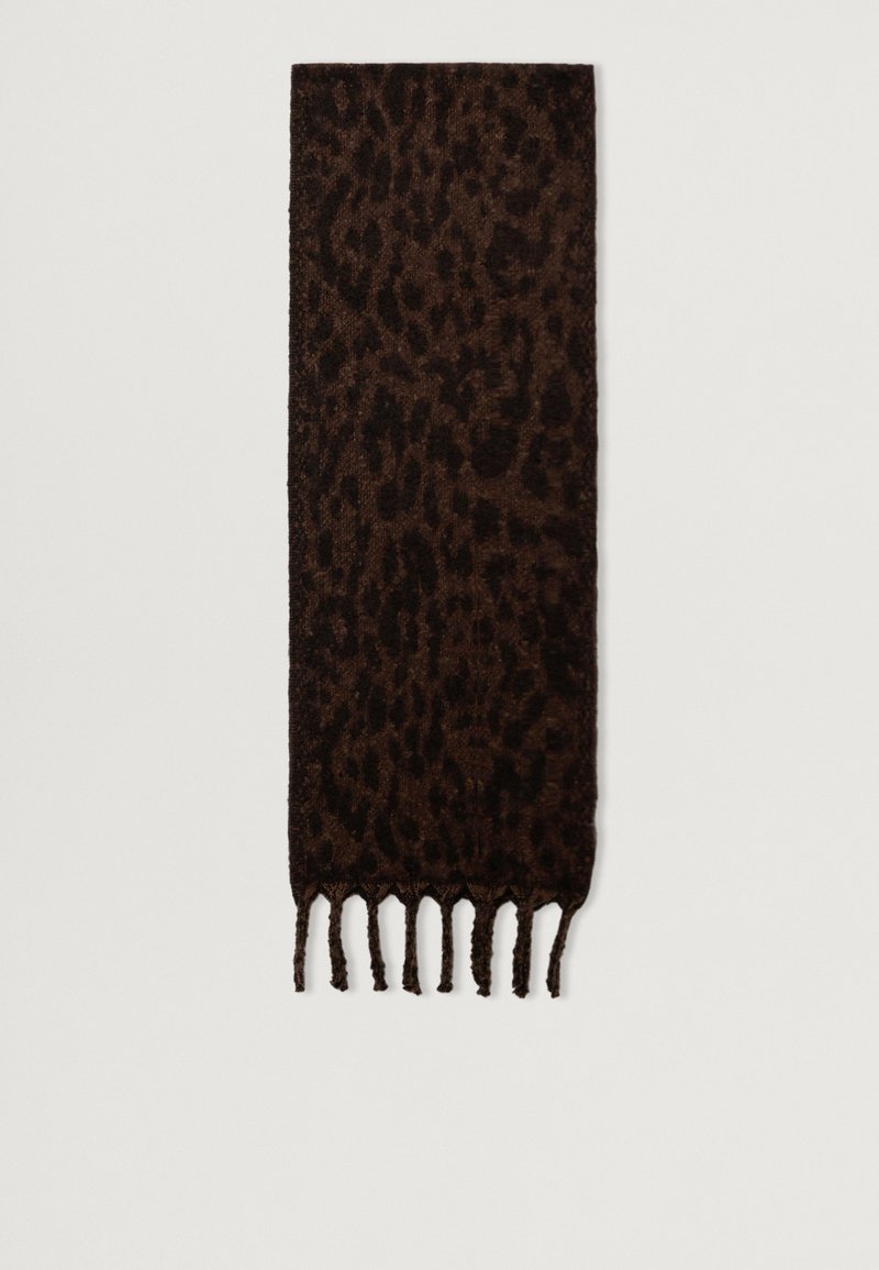 Bufanda de estampado de leopardo marrón con bordes de flecos; textura suave y forma rectangular adecuada para un estilo versátil y calidez.