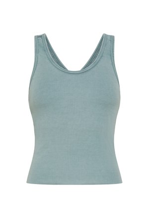 Geribbelde tanktop in zacht blauw, met een ronde hals, brede banden en een aansluitend model. Gemaakt van lichtgewicht, rekbare stof.