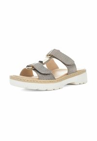 Grijze sandalen met patroon, twee banden, gouden hardware accenten en een witte, gestructureerde zool. Heeft een gevlochten detail langs de rand.