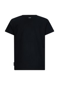 Zwarte kortemouwen t-shirt gemaakt van zachte katoen. Bevat een ronde halslijn en een klein label aan de onderkant aan de linkerkant. Eenvoudig, effen ontwerp.