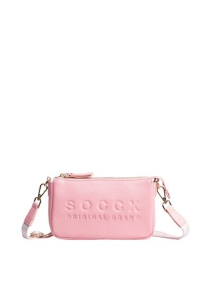 Pink textured crossbody bag with gold clasps and adjustable strap, embossed with "SOCCX ORIGINAL BRAND" on front.