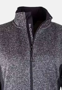 Graue Zip-Jacke mit hohem Kragen, aus strukturiertem Stoff. Verfügt über schwarze Akzente und einen Markenreißverschluss mit der Bezeichnung "FORSB".