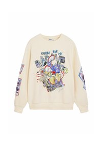 Crèmekleurige sweatshirt met een grafisch ontwerp van een cartoonfiguur, de tekst "SORRY FOR MY BAD MOOD" en verschillende patronen op de mouwen.