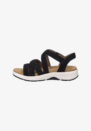 Black suede sandal with three wide straps, cushioned footbed, and white rubber outsole, featuring a back strap for support.