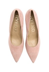 Pointed-toe shoes in soft pink suede with a smooth texture. Interior features gold branding. No visible hardware or patterns.