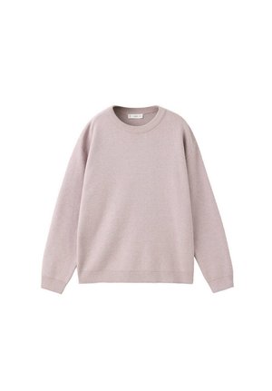 Pull rose clair à manches longues avec col rond et bords-côtes aux poignets, à l'ourlet et à l'encolure sur fond blanc.