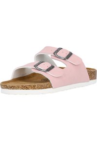 Rosa sandaler med två justerbara spännen, korkfotbädd, vit gummisula och en texturerad yta. Öppen design för andningsförmåga.