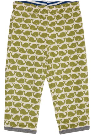 Leggings in cotone con un motivo di balene verdi su uno sfondo beige, una cintura a strisce blu e bianche e polsini grigi.