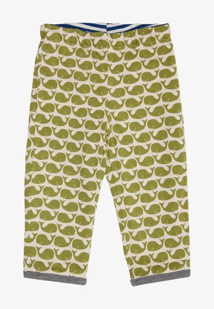 Leggings in cotone con un motivo di balene verdi su uno sfondo beige, una cintura a strisce blu e bianche e polsini grigi.