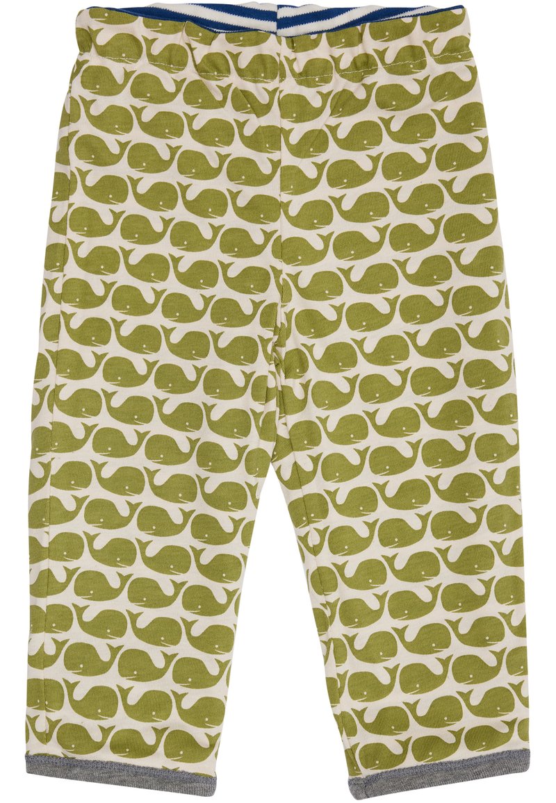 Katoenen leggings met een patroon van groene walvissen op een beige achtergrond, met een gestreepte blauwe en witte tailleband en grijze boorden.