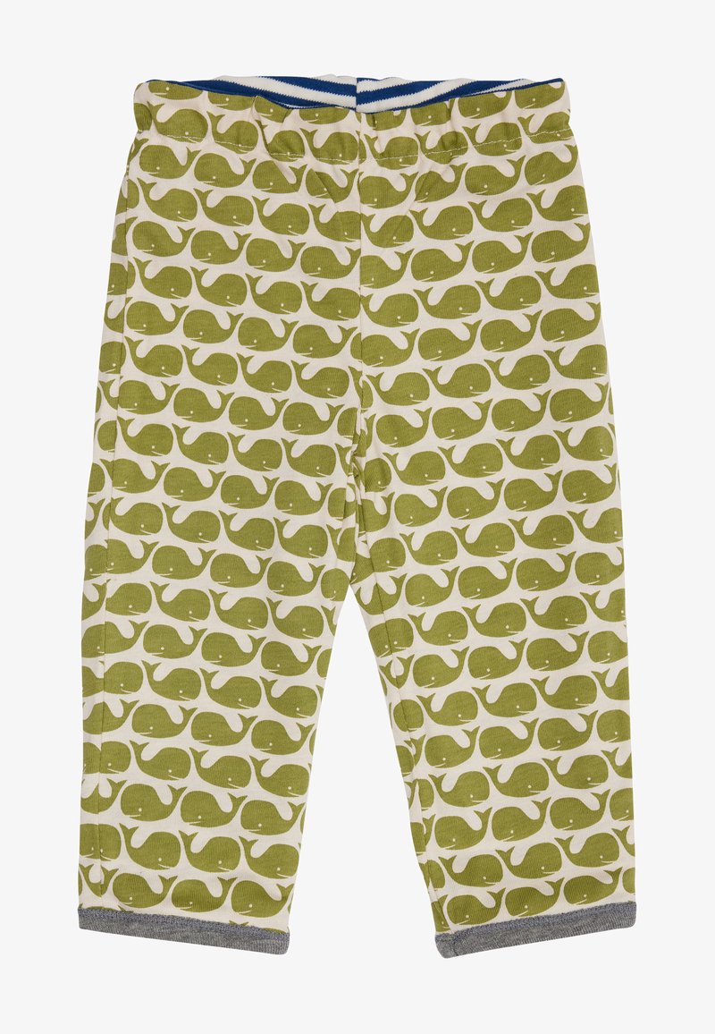 Katoenen leggings met een patroon van groene walvissen op een beige achtergrond, met een gestreepte blauwe en witte tailleband en grijze boorden.