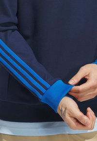 Navy sweatshirt featuring blue ribbed cuffs and three blue stripes on each sleeve. Material appears smooth with slight stretch.