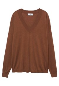 Pull marron à manches longues avec un décolleté en V, fabriqué à partir d'un matériau doux. Présente une coupe décontractée et des bords côtelés au niveau du col et de l'ourlet.