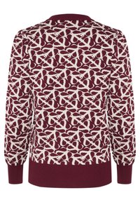 Pull en tricot avec un motif abstrait bordeaux et crème, col rond, manches longues, et poignets et ourlet côtelés pour un ajustement confortable.