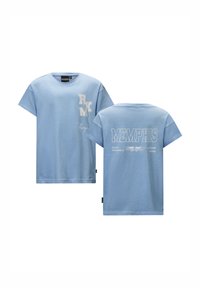 Jasnoniebieska bawełniana koszulka z krótkim rękawem, okrągłym dekoltem i nadrukowanymi akcentami: "RM X Memphis" oraz grafiką na przodzie i z tyłu.