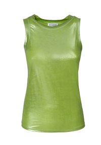 Groene mouwloze top gemaakt van glanzend materiaal met een gladde textuur, met een ronde halslijn en een aangesloten ontwerp. Label: "INFLUENCER."