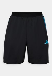 Black athletic shorts made of lightweight fabric, featuring blue side stripes and an adidas logo. Elastic waistband for comfort.