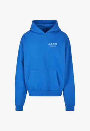 Blue cotton hoodie with a front pocket. Features a drawstring hood and white embroidered text on the left chest, labeled "Daikokou Futo Tuning Club."
