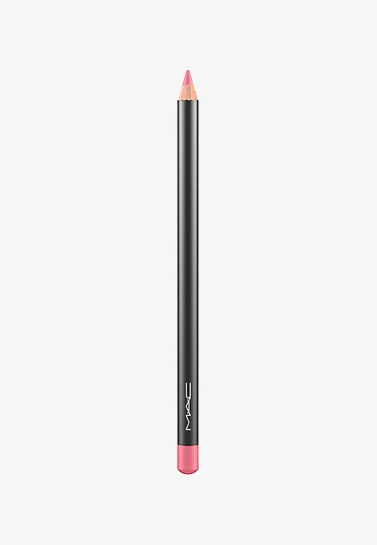 Matita labbra rosa con punta affilata, racchiusa in un corpo nero elegante. Presenta un tappo rosa e il logo bianco del brand vicino alla base.