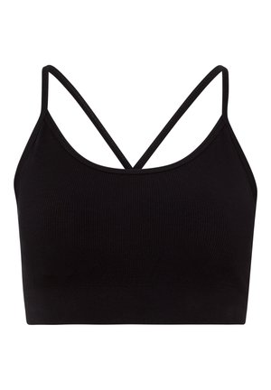 Černý žebrovaný bralet s tenkými křížovými ramínky na zádech a bezšvým designem, vyrobený z elastické látky pro pohodlí.