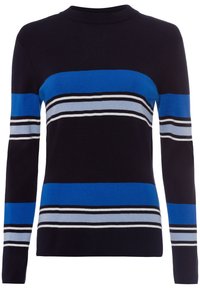 Long-sleeve knit sweater with black, blue, light blue, and white horizontal stripes across body and sleeves, round neckline.