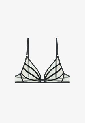 Czarny siateczkowy stanik z trójkątnymi miseczkami, czarnymi aksamitnymi paskami, regulowanymi ramiączkami oraz eleganckim, minimalistycznym krojem.