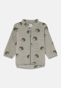 Gray fleece jacket with hedgehog pattern, zip closure, stand collar, and ribbed cuffs. Soft texture and rounded hem enhance comfort.