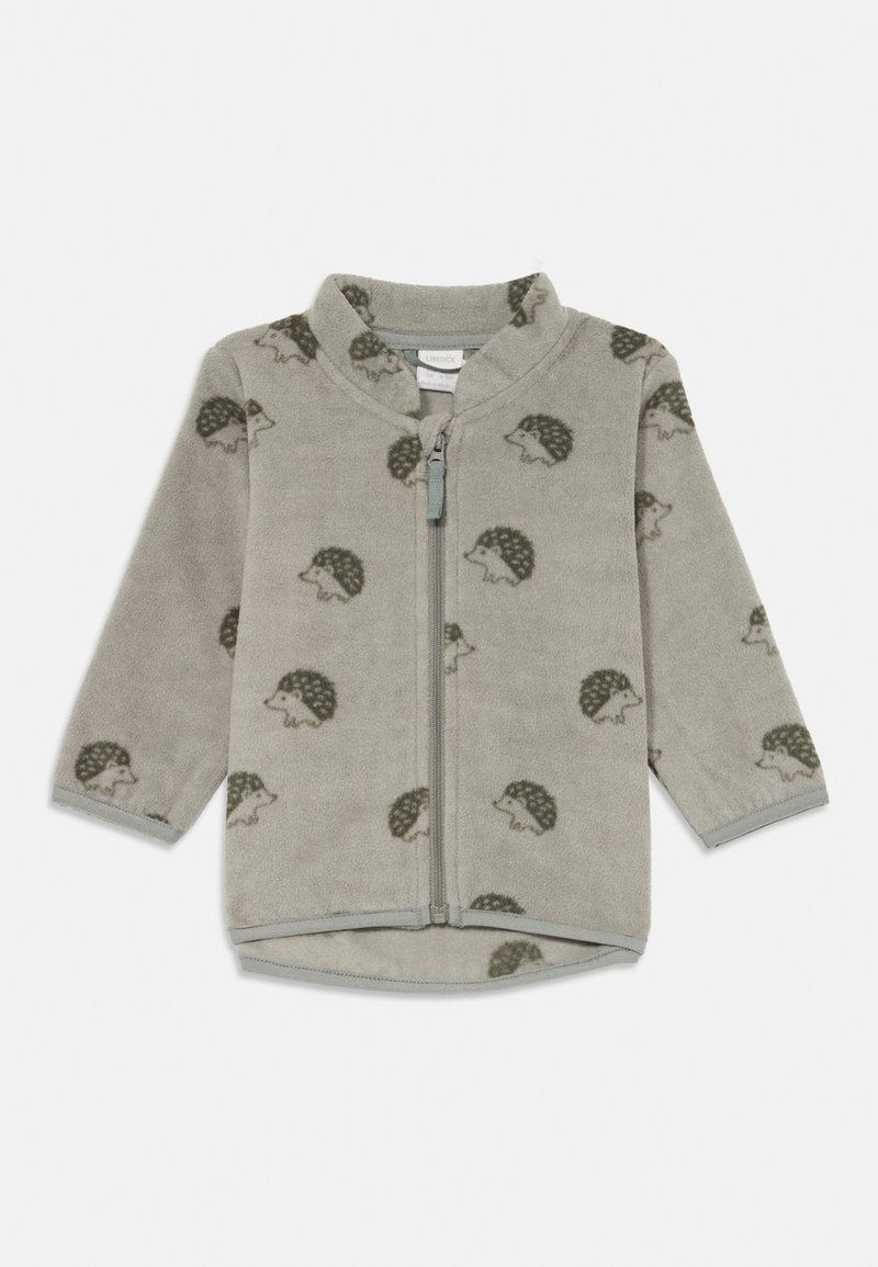 Gray fleece jacket with hedgehog pattern, zip closure, stand collar, and ribbed cuffs. Soft texture and rounded hem enhance comfort.