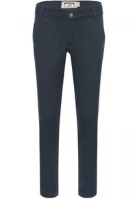 Námořnické modré kalhoty vyrobené z elastické bavlněné tkaniny, slim fit s pěti kapsami, knoflíkovým zapínáním a jemnými švy na stranách.