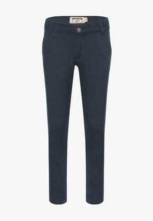 Mørkeblå bukser lavet af strækbar bomuldsstof, slim fit med fem lommer, knaplukning og diskrete syninger på siderne.