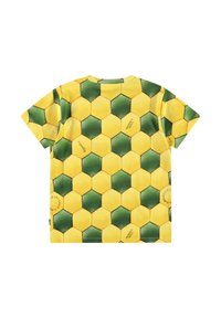 Koszulka polo z krótkim rękawem, ozdobiona wzorem plastra miodu w kolorze żółtym i zielonym, wykonana z miękkiego materiału z okrągłym dekoltem oraz luźnym krojem.