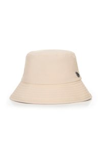 Beige bucket hat made from lightweight fabric, featuring a wide, flat brim and a small logo accent on the side. Textured stitching detail.